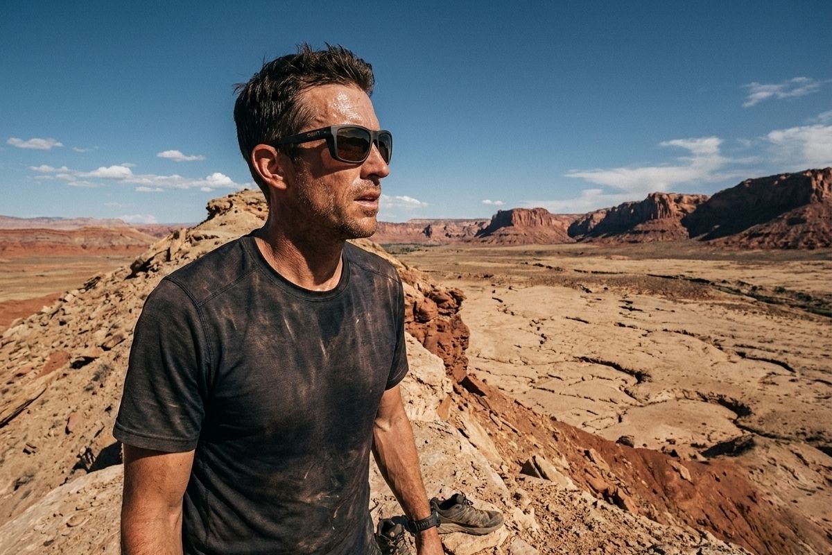 Man wearing polarized sunglasses on a desert ridgeline in Arizona, open red rock terrain in the background