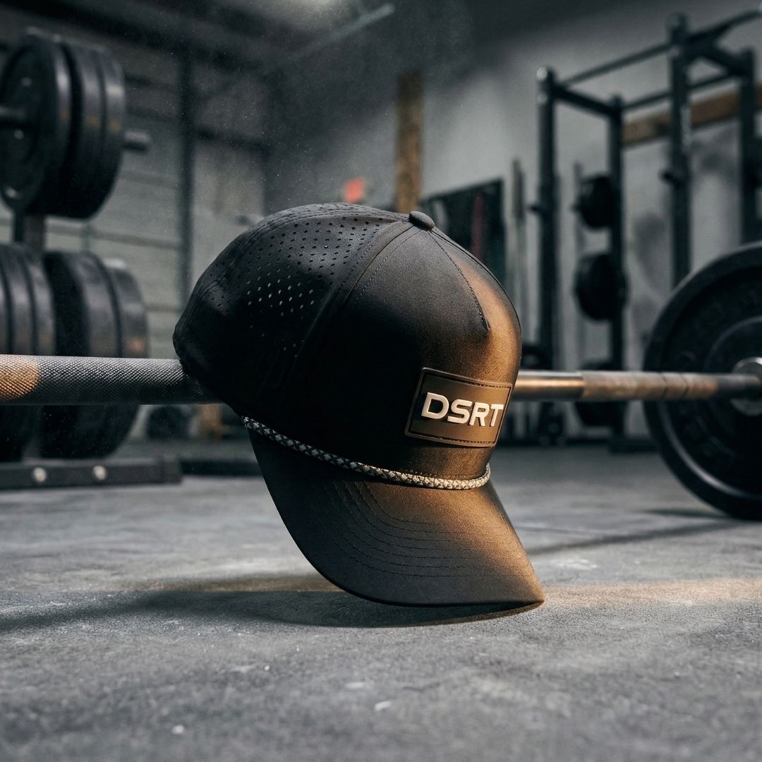 Black cap with 'DSRT' logo on a gym floor with weights in the background