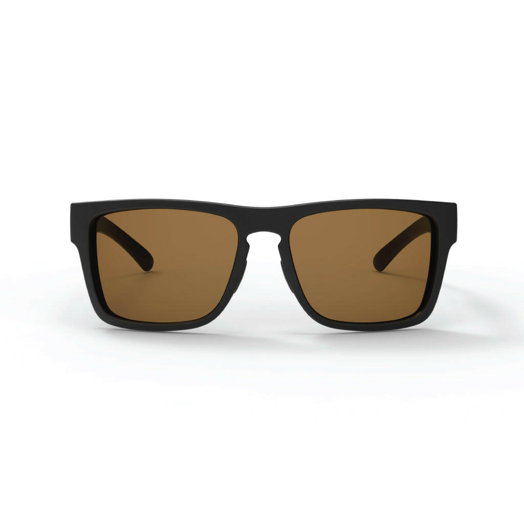 Premium Valley Rays sunglasses with matte black frame and brown lenses, featuring integrated snap hinge, upgraded nylon lens, no-slip nose pads, and bio-resin TR-90 frame. Crystal clear, durable, scratch-resistant eyewear without the big-brand price tag