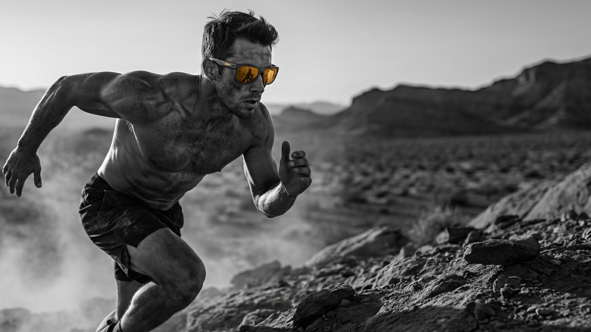 Man running on a rocky trail in a desert landscape