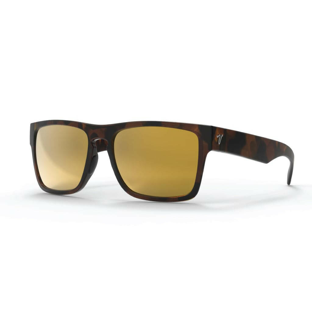 2026 popular matte black sunglasses with gold mirror lens featuring top-quality 2mm nylon lens for clarity, durability, and scratch resistance. Includes best-in-industry bio resin TR90 frame with Valley Rays V logo on the temple arm