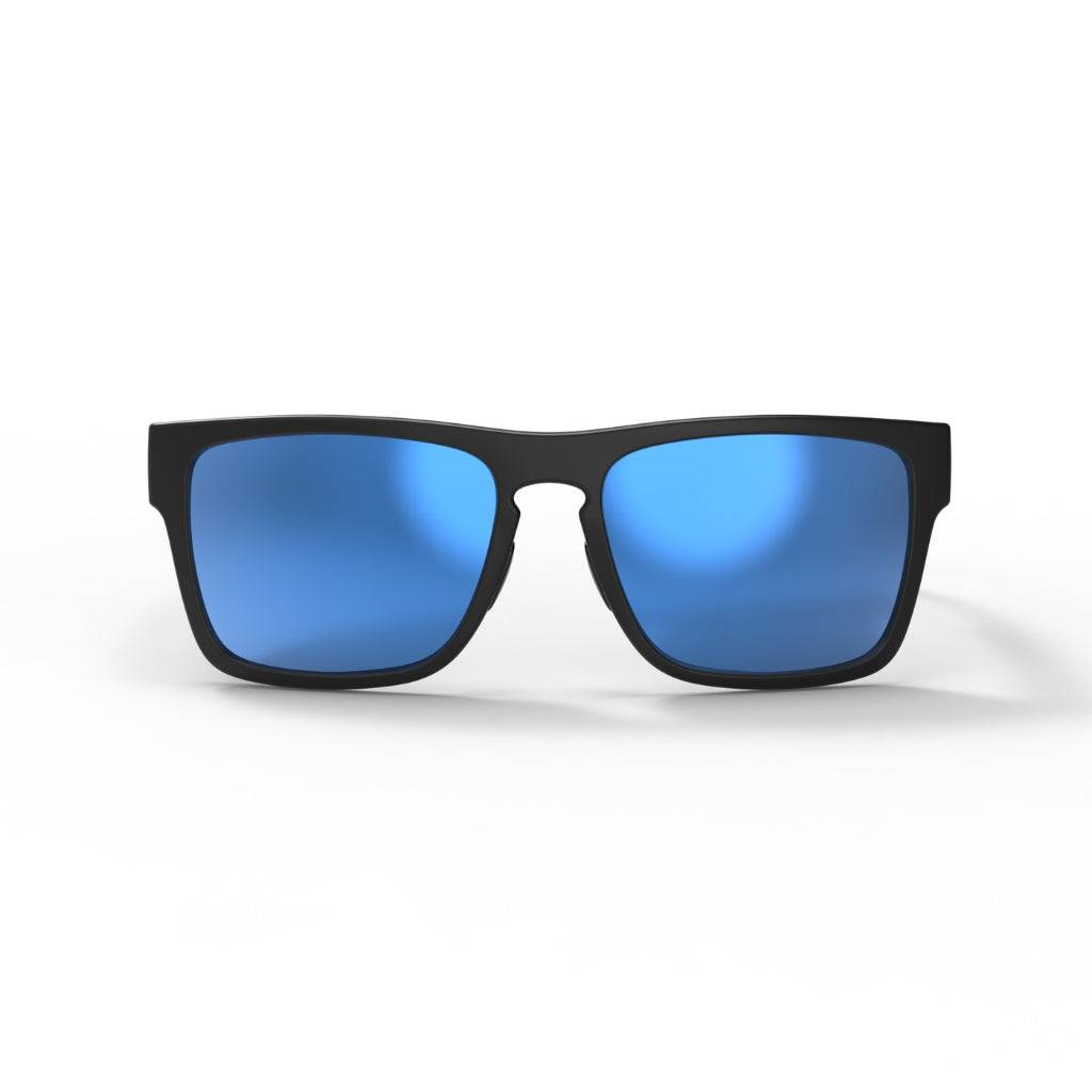 2026 popular matte black sunglasses with blue mirror lens featuring top-quality 2mm nylon lens for clarity, durability, and scratch resistance. Includes best-in-industry bio resin TR90 frame with Valley Rays V logo on the temple arm